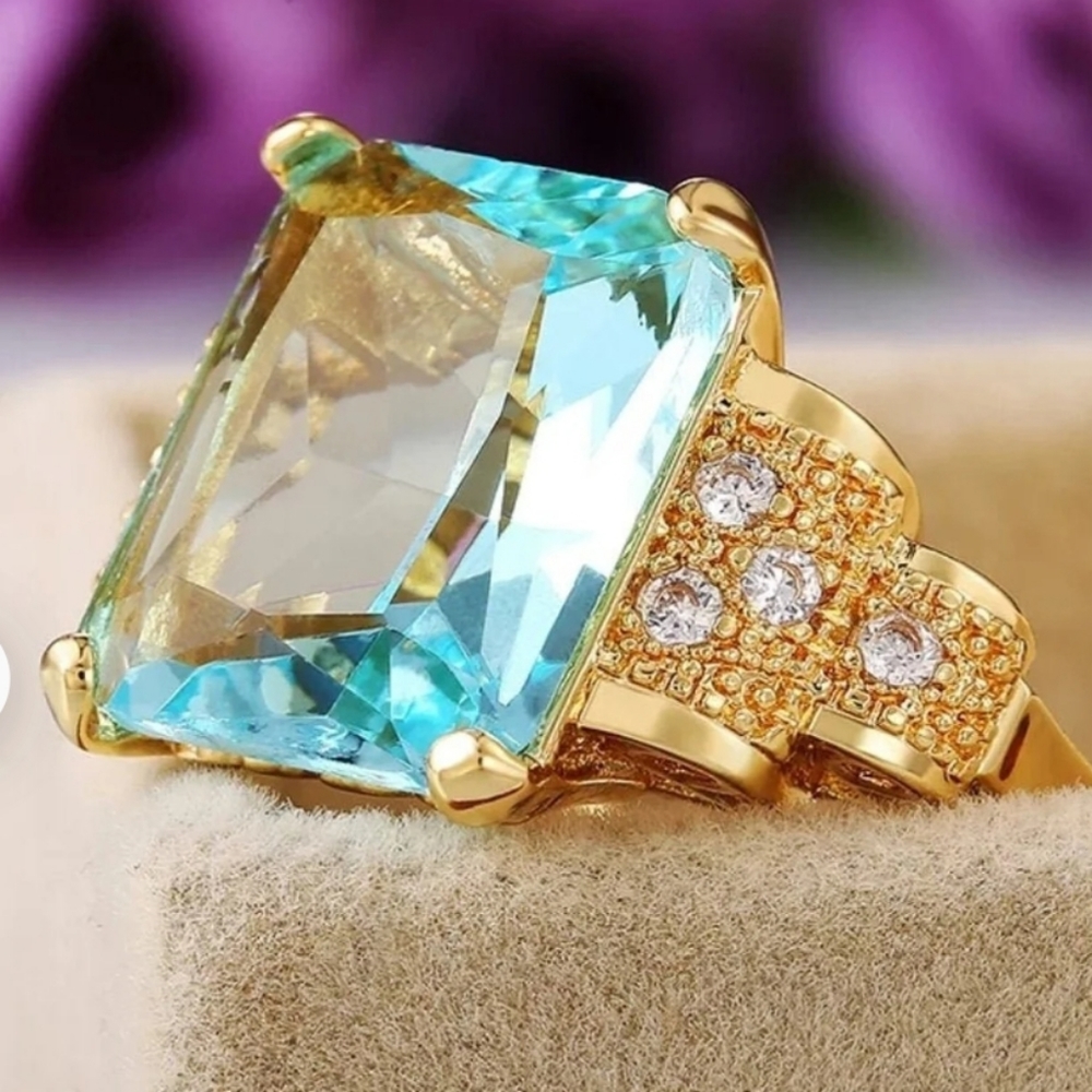 New Fashion 18K Yellow Gold Plated Aquamarine Ring - Picture 5 of 7